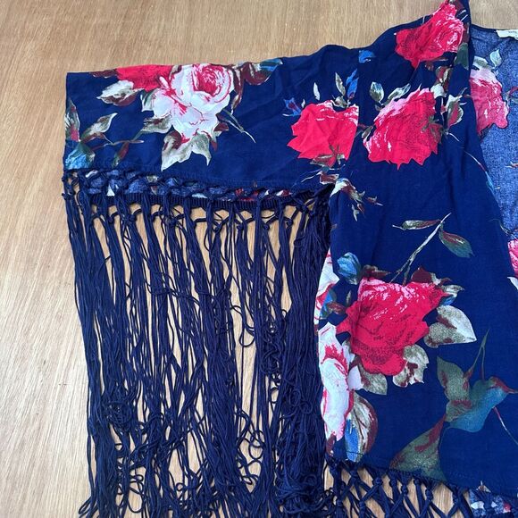 Umgee Kimono Womens M L Navy Floral Fringe Boho Festival Open Front - Picture 2 of 5